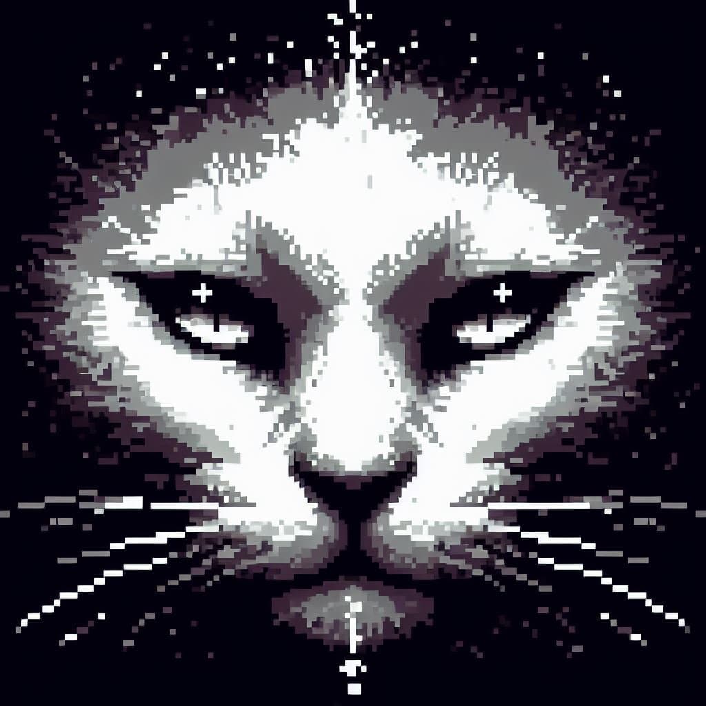 A pixel art illustration of a white cat's face with a stern expression, featuring dark eyes with cross-shaped pupils and whiskers against a black background.