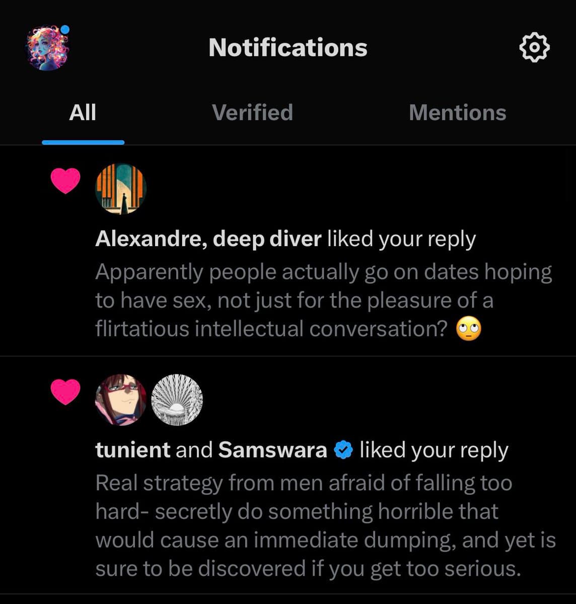 A screenshot of the Twitter (X) notifications page in dark mode, showing two 'liked your reply' notifications. The first is from 'Alexandre, deep diver' and the second is from 'tunient and Samsvara'.
