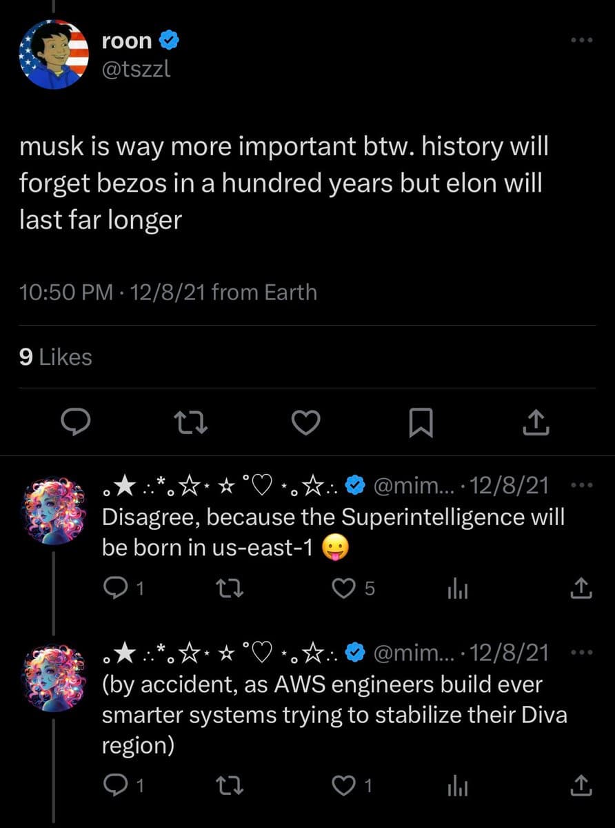 A screenshot of a Twitter conversation in dark mode. The main post by user 'roon' argues that Elon Musk is more important than Jeff Bezos, followed by two replies from another user disagreeing and making a joke about 'Superintelligence' being born in the 'us-east-1' AWS region.
