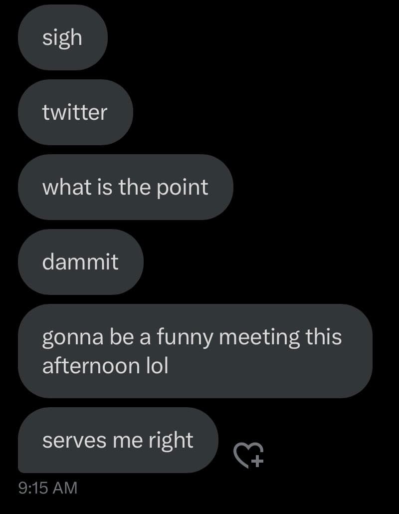 A screenshot of a text message conversation showing a series of frustrated messages. The messages read: 'sigh', 'twitter', 'what is the point', 'dammit', 'gonna be a funny meeting this afternoon lol', and 'serves me right', with a timestamp of 9:15 AM.