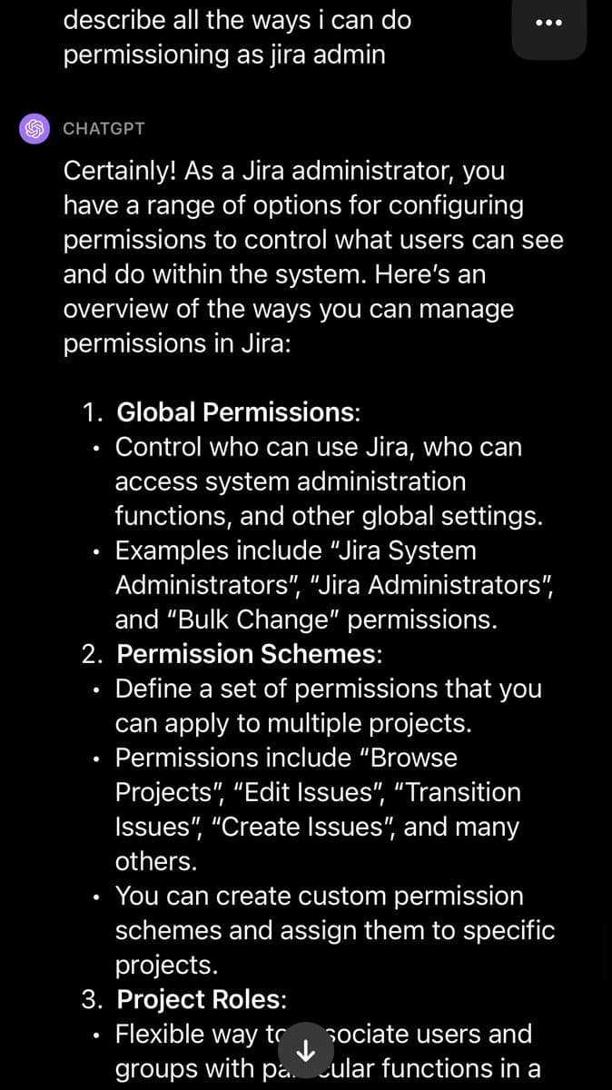 A screenshot of a conversation with the AI assistant ChatGPT, showing a user's prompt and the AI's detailed response about Jira administration permissions. The text is displayed in a dark-mode interface.