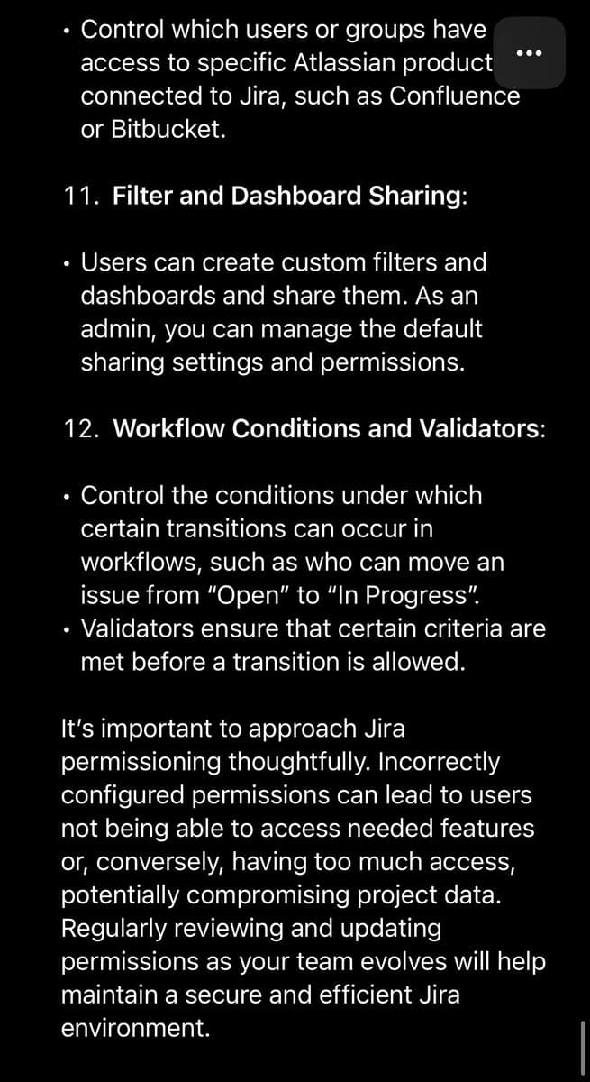 A screenshot of a text document or chat message discussing Jira software features, specifically focusing on permission management, filter sharing, and workflow conditions. The text is displayed in white on a black background.