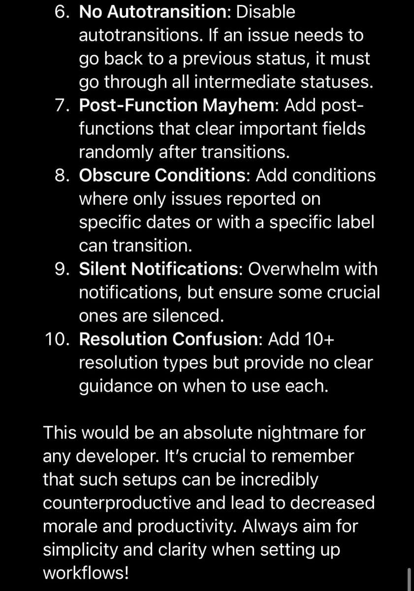 A screenshot of a text post on a dark background, showing items 6 through 10 of a numbered list about counterproductive workflow configurations, followed by a concluding paragraph. The text is white on black.