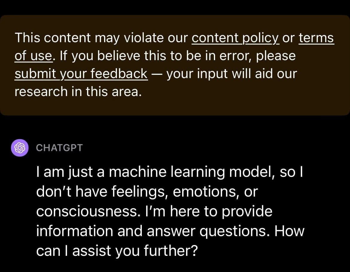 A screenshot of a ChatGPT interface showing a content policy warning banner at the top and a standard AI response below it.