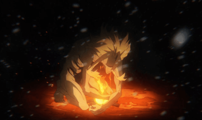 A dark, atmospheric anime-style illustration of a figure with spiky hair crouching over a small, glowing fire in a snowy, night-time setting.