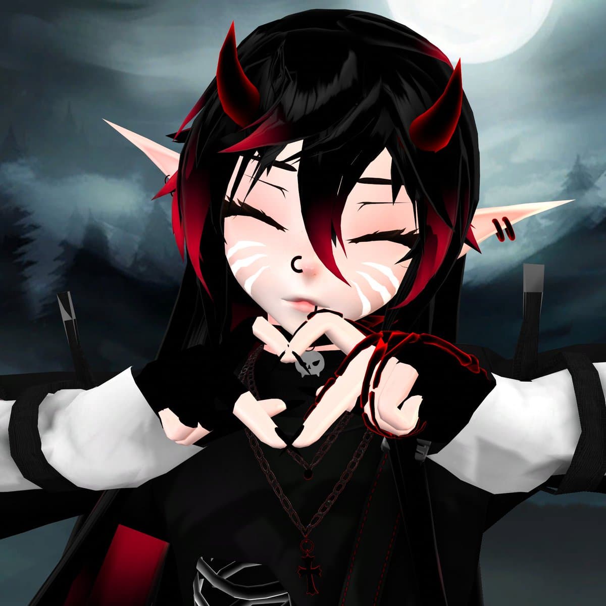 A 3D avatar with black and red hair, red horns, and pointed ears makes a heart shape with its hands against a dark, cloudy background with a full moon.
