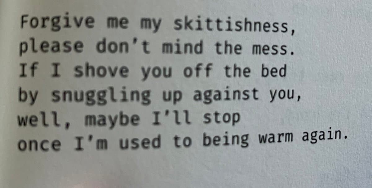 A close-up photograph of a page from a book, showing a short poem printed in a black serif font on white paper. The text is a lighthearted apology about being a messy sleeper.