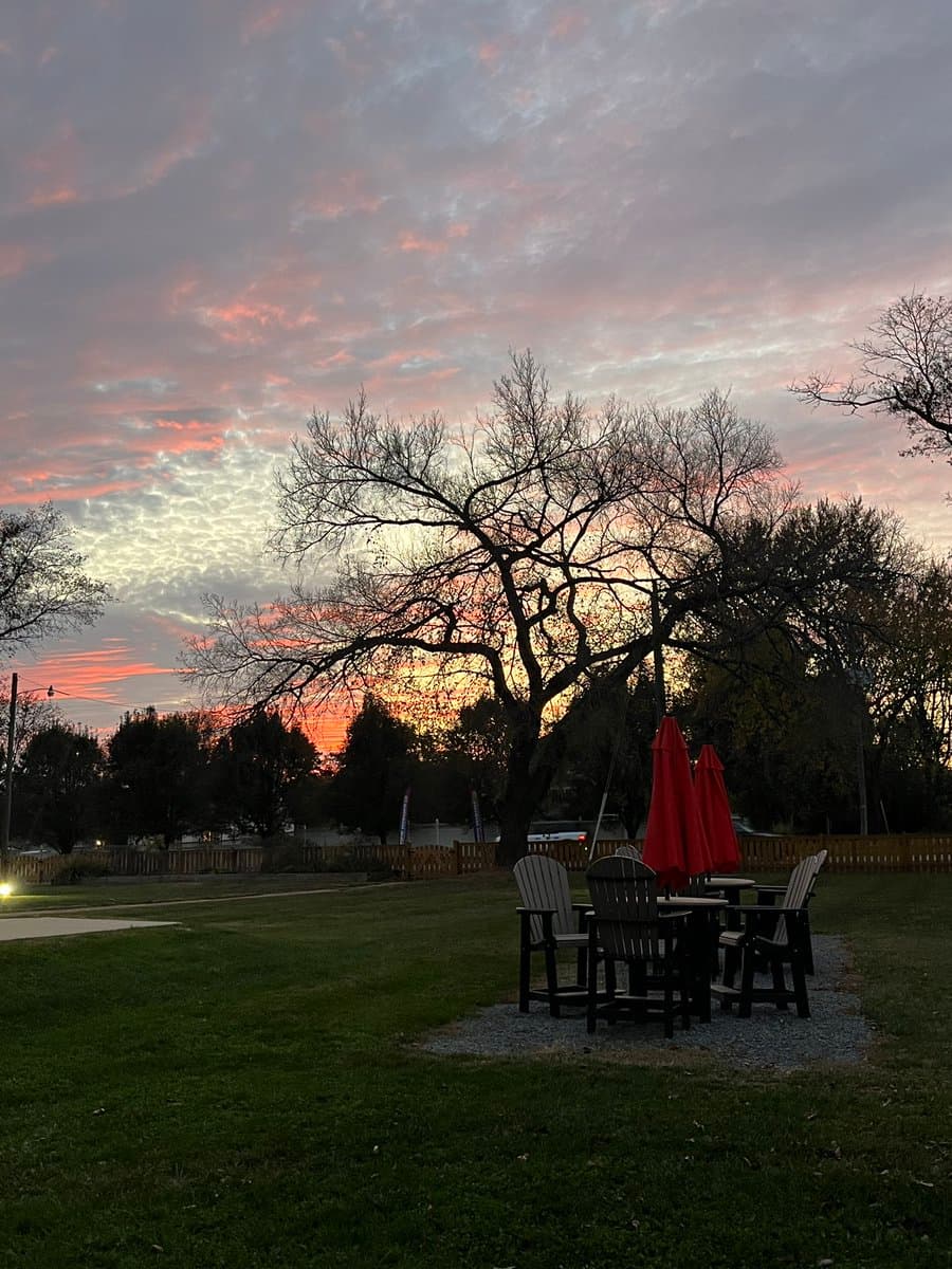 A scenic outdoor photograph taken at dusk, showing a grassy area with a set of Adirondack chairs and closed red umbrellas in the foreground. A large, bare tree stands in the middle ground against a dramatic sky filled with pink and orange sunset clouds.