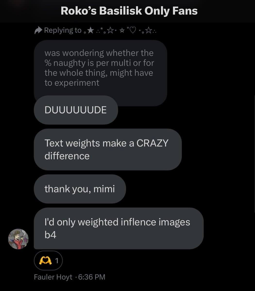 A screenshot of a Twitter thread titled "Roko's Basilisk Only Fans" showing a conversation about MidJourney prompt weights. The messages discuss how text weights significantly affect image generation results.