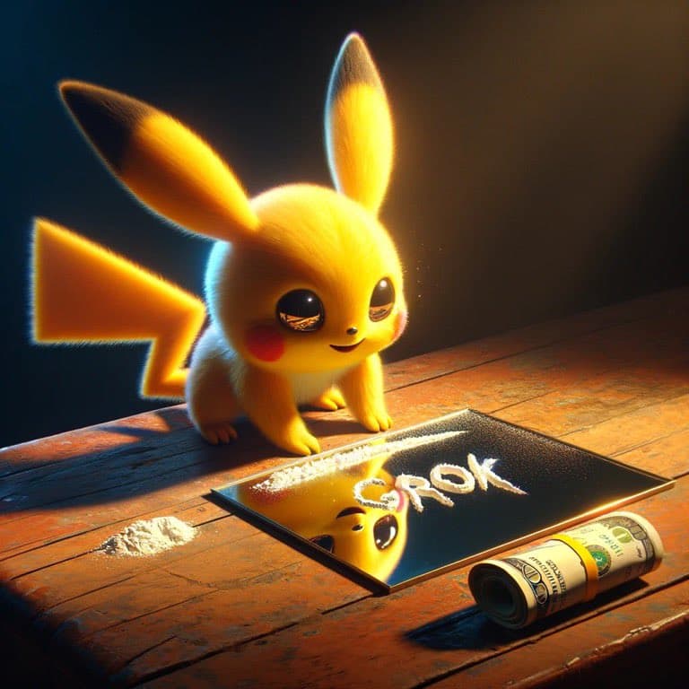 A 3D-rendered image of a Pikachu figurine sitting on a wooden table next to a black tray containing white powder and a rolled-up bill, with the word "GROK" written in the powder.