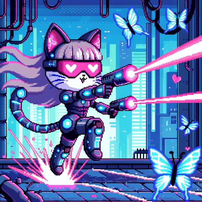 A pixel-art illustration of an anthropomorphic cat in a futuristic, cyberpunk-style outfit, wearing heart-shaped sunglasses and dual-wielding glowing pink blasters. The character is posed dynamically against a neon-lit cityscape background with glowing blue butterflies floating around.