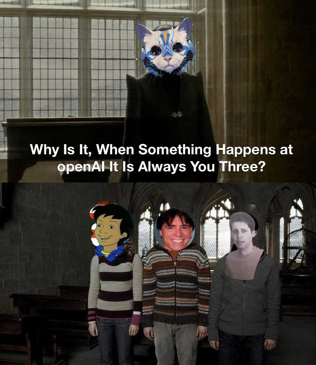 A two-panel meme featuring a scene from the movie Harry Potter. The top panel shows a figure with a cat's head superimposed on it, while the bottom panel shows three people with their heads replaced by images of a cartoon character and two other individuals. White text is overlaid on the top panel.