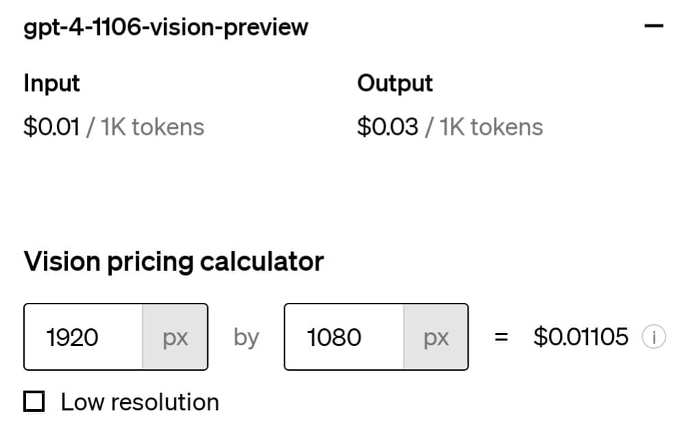 A screenshot of a pricing calculator for the gpt-4-1106-vision-preview model, showing input and output costs per 1K tokens and a vision pricing calculation for a 1920 by 1080 pixel image.