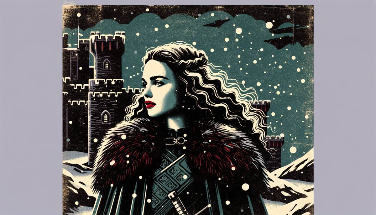 A stylized, retro-propaganda poster illustration depicting a woman with long wavy hair and a fur-collared cloak standing in a snowy landscape. Behind her is a dark stone castle with multiple towers, and several aircraft fly in the teal, snow-dusted sky above.