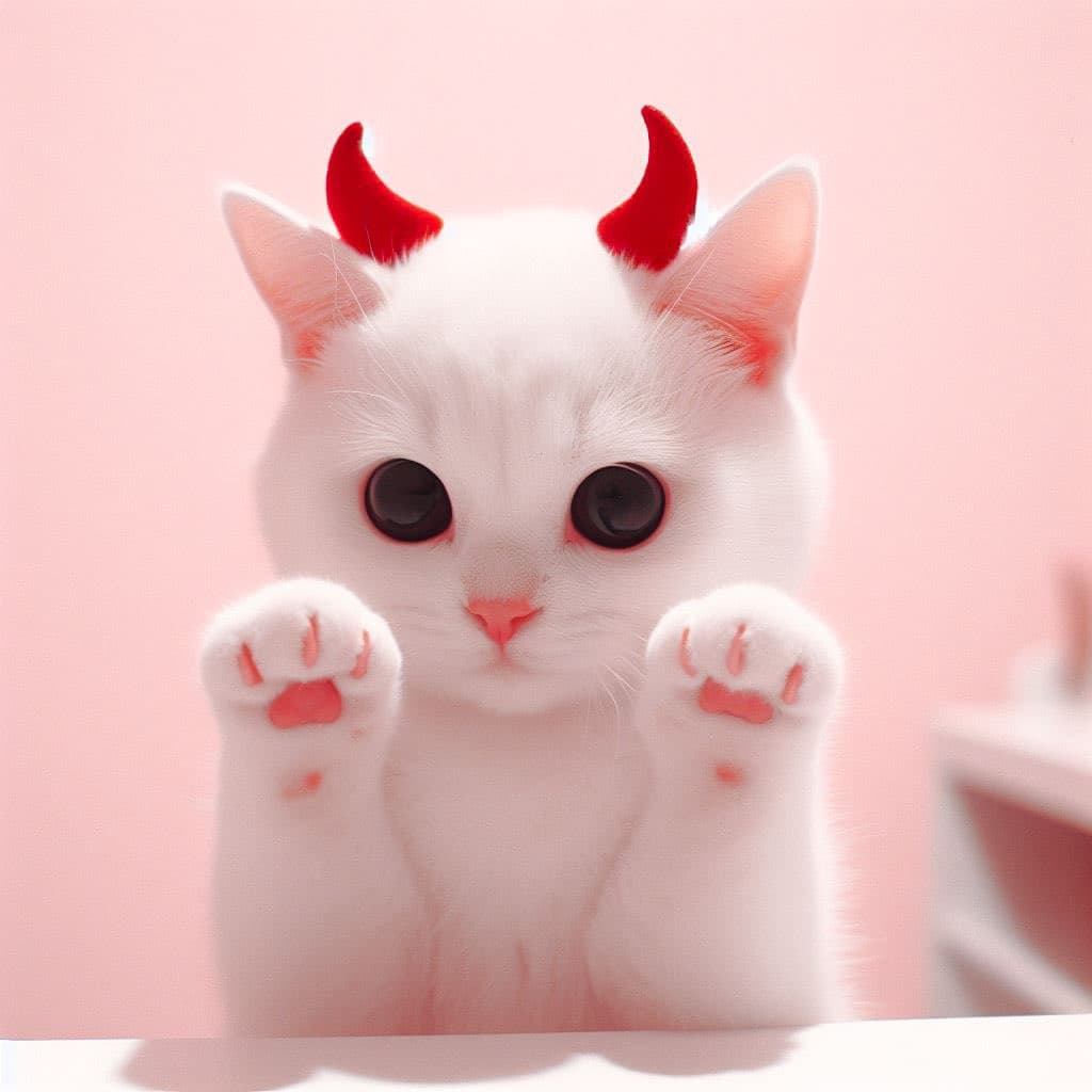 A white kitten with large black eyes and red devil horns on its head holds up its front paws against a soft pink background. The image has a cute, stylized appearance with pink accents on the kitten's nose, paw pads, and inner ears.
