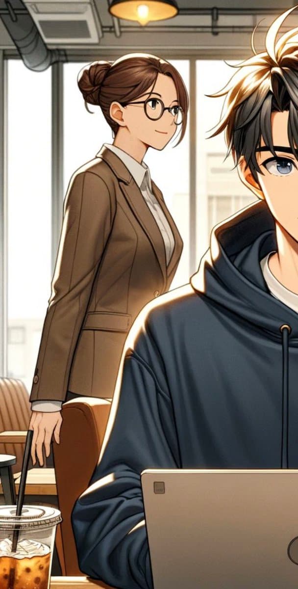 A digital anime-style illustration depicting a woman in a brown blazer and glasses standing behind a seated man in a blue hoodie, who is using a laptop in a cafe setting.