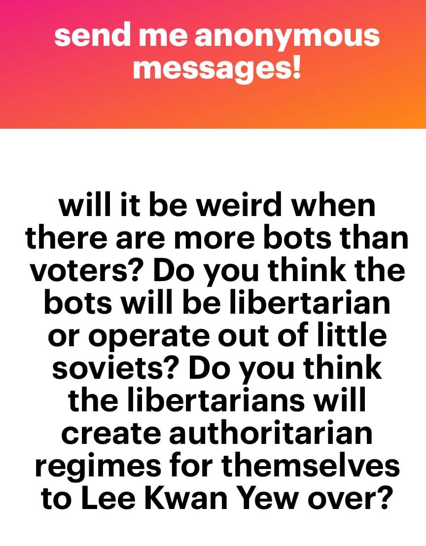 A text-based image with a red-to-orange gradient header and a white body. The header reads 'send me anonymous messages!' in white text. The body contains a question in black text about the future of bots in society.