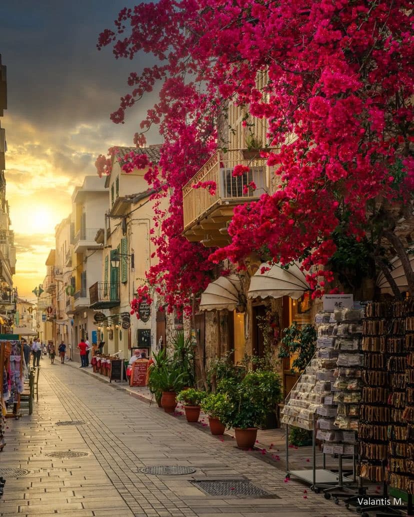 A scenic street view in Nafplio, Greece, featuring a cobblestone path lined with white buildings and vibrant pink bougainvillea flowers cascading from a balcony. The scene is illuminated by a warm, golden sunset, with potted plants and souvenir displays visible along the walkway.