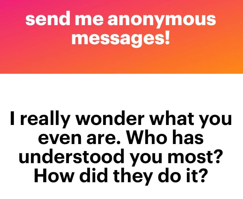 A text-based image with a pink-to-orange gradient header and a white body. The header reads "send me anonymous messages!" in white text. The body contains a question in black text: "I really wonder what you even are. Who has understood you most? How did they do it?"
