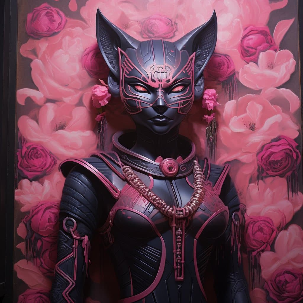 A digital artwork depicting a stylized, dark-skinned figure with cat-like ears and facial markings, wearing ornate black and pink armor. The figure is set against a background of large, soft pink roses and flowers.
