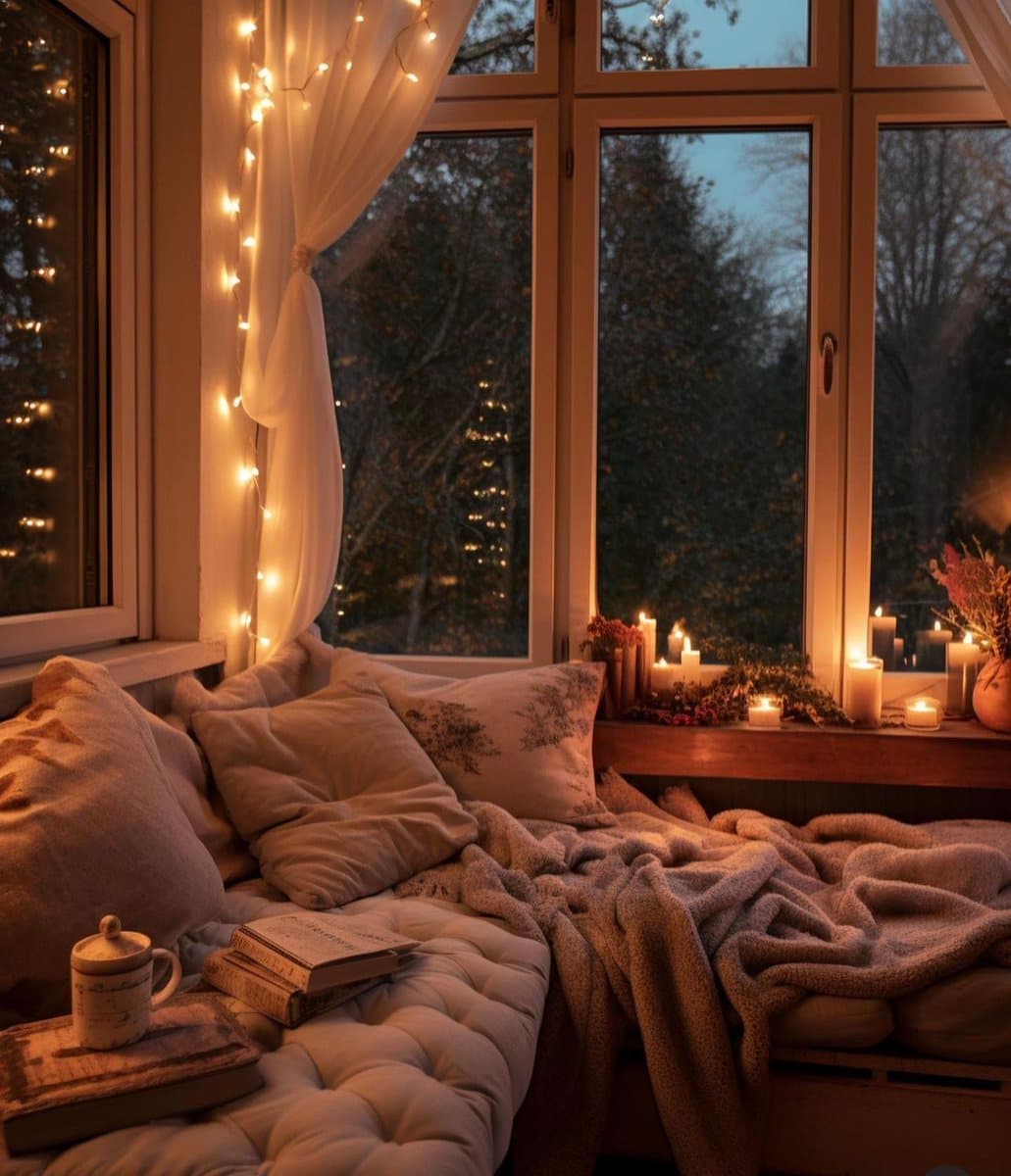 A cozy window nook at dusk, featuring a cushioned bench with pillows and a soft blanket, illuminated by string lights and several lit candles on the windowsill.
