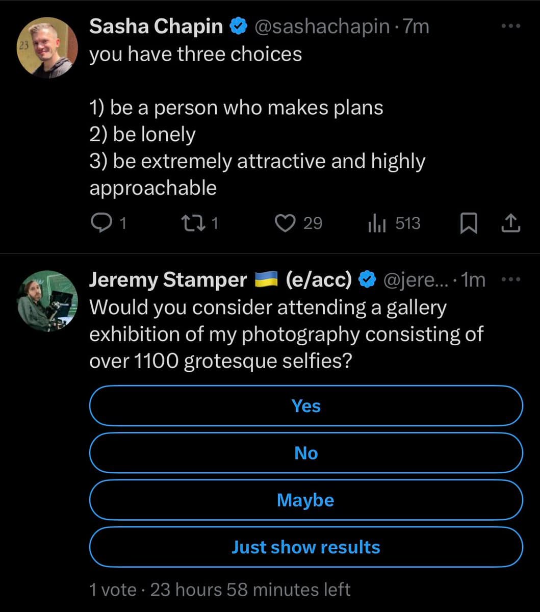 A screenshot of a Twitter conversation between two users. The first user, Sasha Chapin, lists three choices, and the second user, Jeremy Stamper, replies with a poll asking if they would attend a gallery exhibition of his photography.