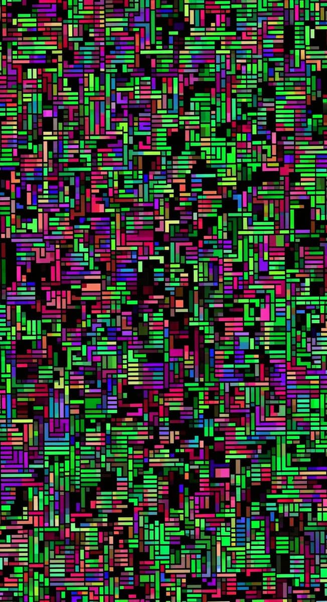 A digital image featuring a dense, abstract pattern of multicolored rectangular blocks on a black background, resembling digital noise or a glitch effect. The blocks are arranged in vertical and horizontal clusters, creating a chaotic, pixelated texture.