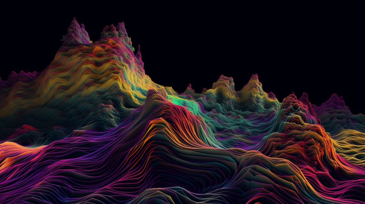 A vibrant, abstract 3D rendering of a mountain range with flowing, multicolored ridges in shades of purple, orange, green, and pink against a black background. The image has a digital art style with smooth, wave-like textures.