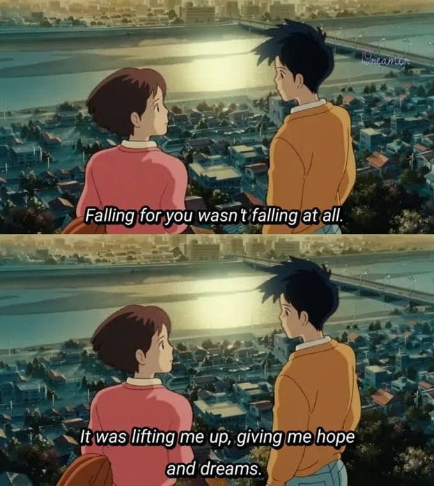 A two-panel screenshot from the 1995 Studio Ghibli film 'Whisper of the Heart,' showing a young man and woman standing on a hilltop overlooking a city at sunset. The top panel has the caption 'Falling for you wasn't falling at all,' and the bottom panel has the caption 'It was lifting me up, giving me hope and dreams.'
