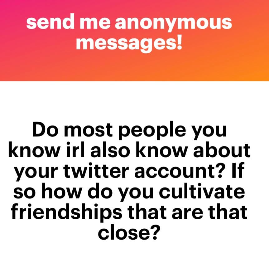 A text-based image with a pink-to-orange gradient header and a white body. The header contains a call to action, while the body poses a question about online and in-person friendships.