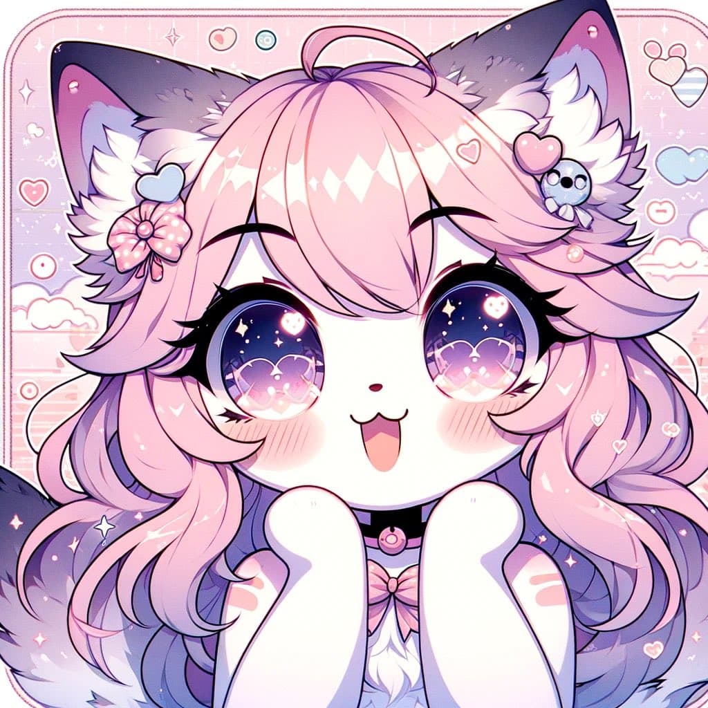 A cute, pastel-colored anime-style illustration of a chibi character with large, sparkling eyes, pink hair, and cat ears. The character has a happy expression and is adorned with heart and bow accessories against a soft, decorative background.