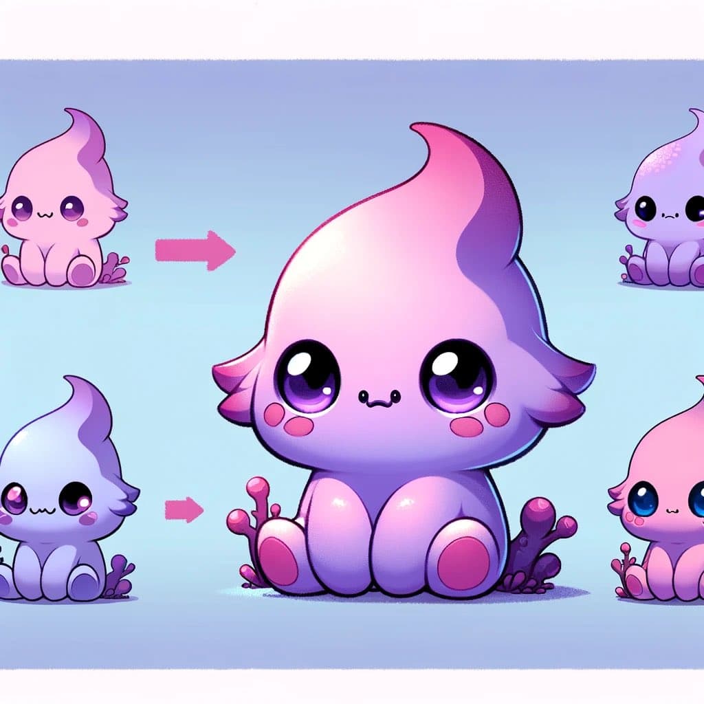 A digital illustration showing a large, central purple and pink cartoon creature with big eyes, surrounded by smaller variations of the same character and pink arrows pointing toward the center. The image appears to be an AI-generated character design sheet or concept art.