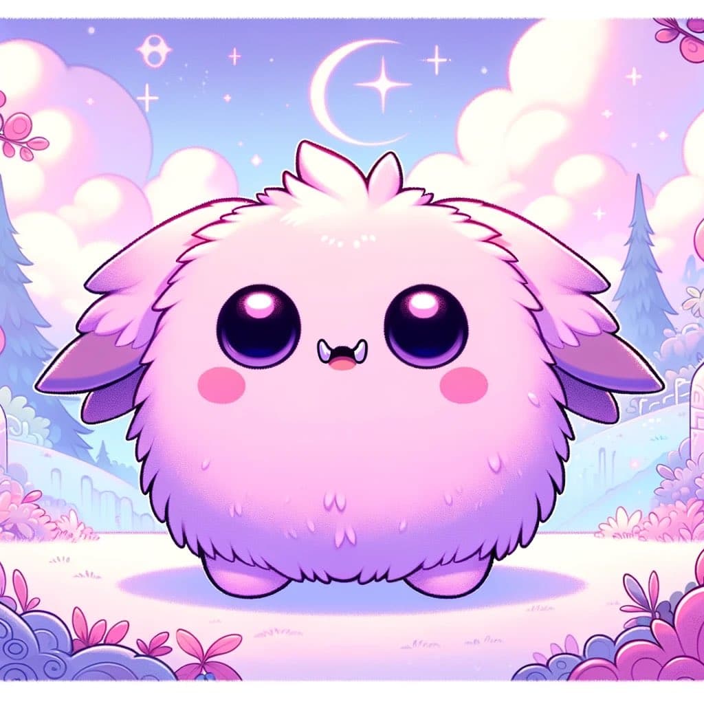 A digital illustration of a round, fluffy pink and purple creature with large, glossy eyes and small fangs, standing in a whimsical landscape. The background features a pastel sky with a crescent moon, stars, and clouds, along with stylized trees and flowers.