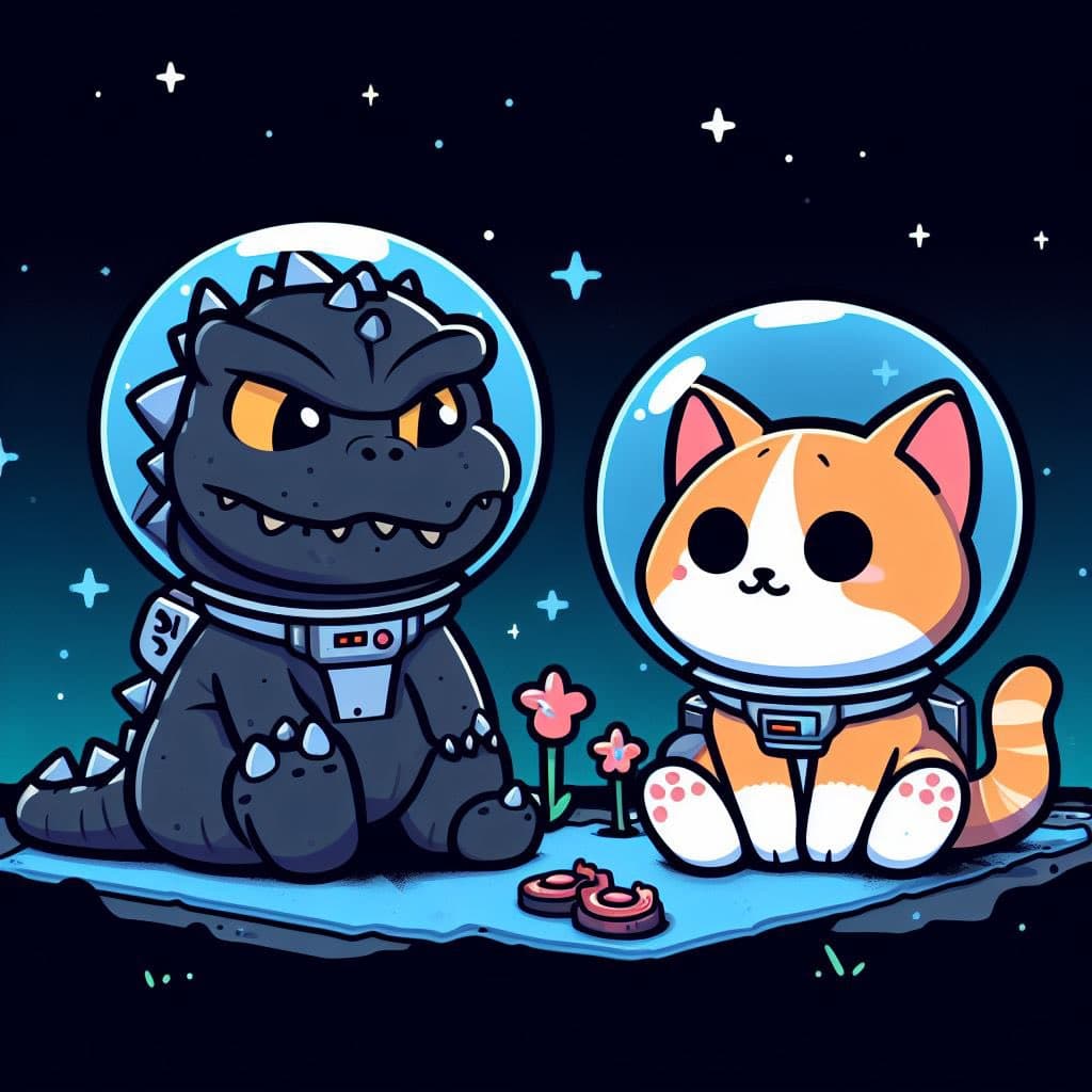 A digital cartoon illustration featuring a grumpy-looking black dinosaur and a cute orange-and-white cat, both wearing space helmets, sitting on a blue surface in a starry space setting.