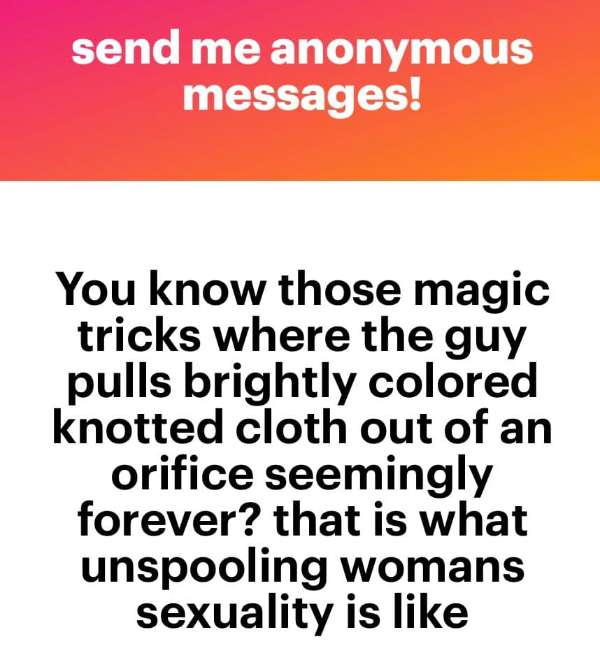 A screenshot of an anonymous message from the NGL platform, featuring a pink-to-orange gradient header and a white body with black text.