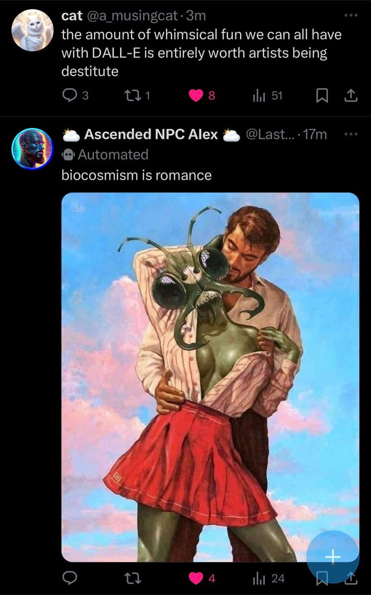 A screenshot of a Twitter thread showing a reply to a post about DALL-E. The reply, from an account named 'Ascended NPC Alex', includes a surreal AI-generated image of a man in a shirt and tie embracing a green, multi-eyed alien creature wearing a red skirt against a cloudy sky background. The reply text reads 'biocosmism is romance'.