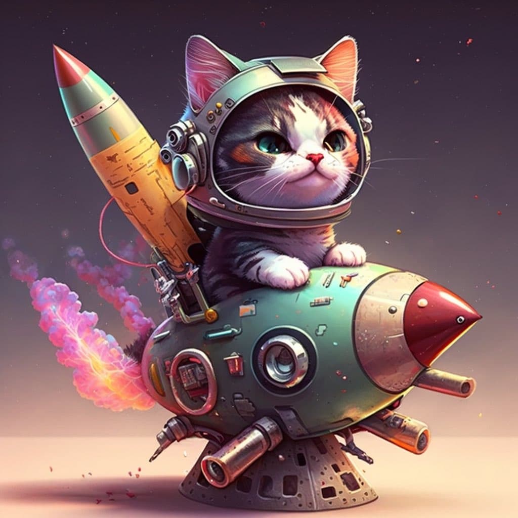 A digital illustration of a calico kitten wearing a space helmet, riding on top of a small, retro-style rocket ship that is launching with pink and orange flames. The background is a dark, starry space scene.