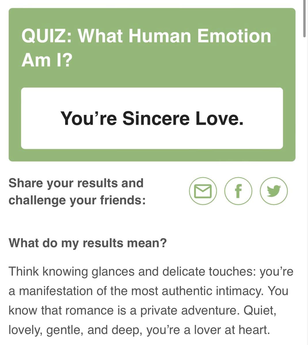 A screenshot of a social media quiz result card titled "What Human Emotion Am I?" which displays the answer "You're Sincere Love." Below the card, there is a section explaining the result and sharing options.