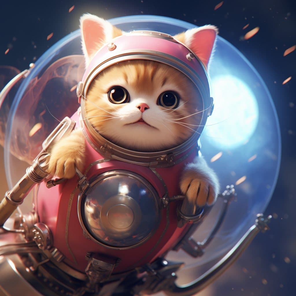 A digital illustration of a fluffy orange and white kitten wearing a pink astronaut suit and helmet, floating inside a transparent bubble in a space setting with a glowing blue planet in the background.