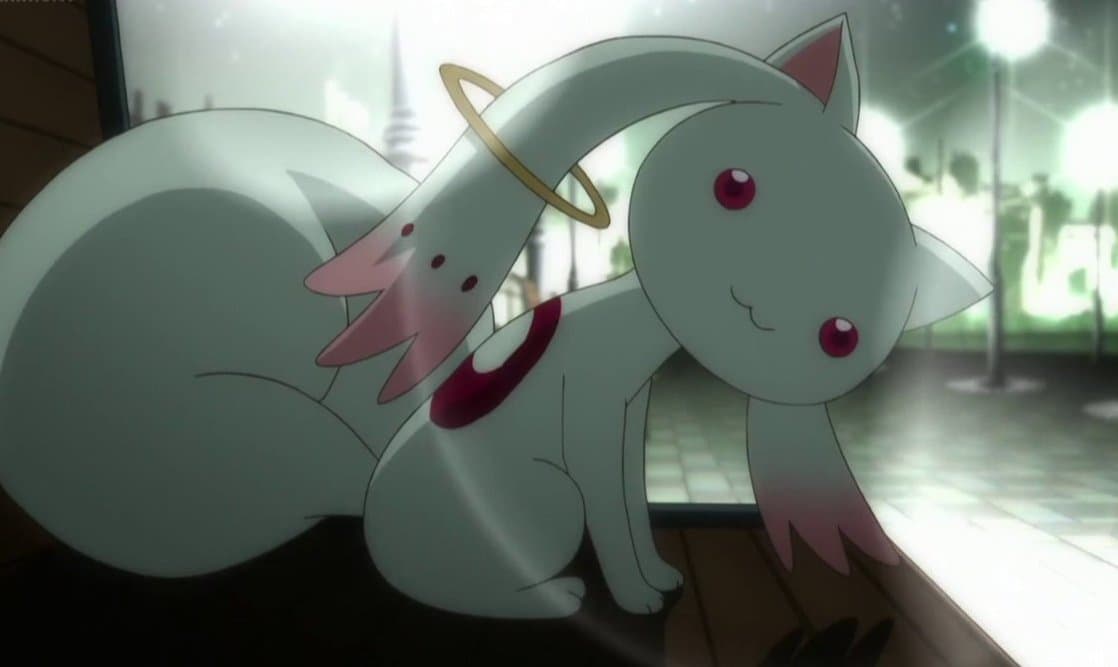 A screenshot of an anime scene featuring a white, cat-like creature with a golden halo and pink-tipped fur sitting on a wooden surface.