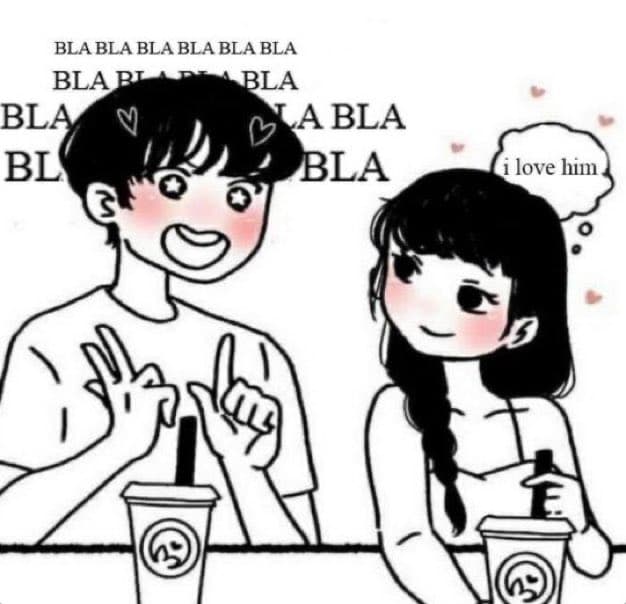 A black-and-white cartoon illustration of a smiling boy and girl sitting at a table with drinks. The boy is making hand gestures while the girl looks at him with a thought bubble above her head.