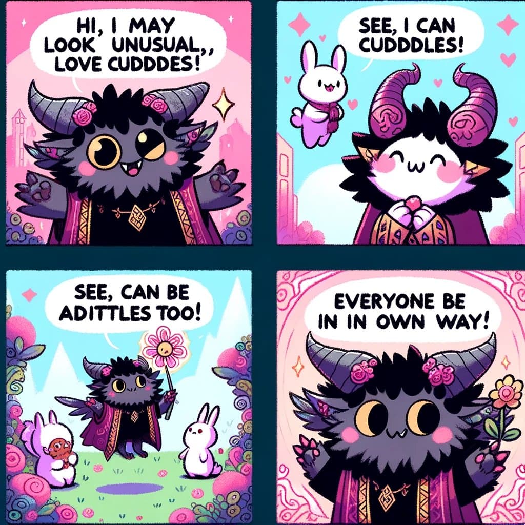 A four-panel comic featuring a cute, horned, furry character with a black and purple color scheme. The character interacts with small white rabbit-like creatures in a whimsical, pastel-colored setting. The comic uses speech bubbles to convey a message about self-acceptance and individuality.