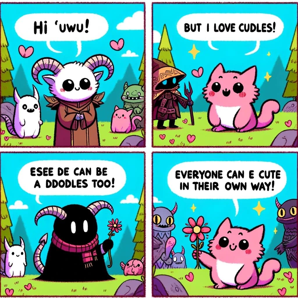 A four-panel comic featuring cute, cartoon-style fantasy characters in a bright, colorful outdoor setting. The comic depicts a conversation between a pink cat-like creature and a horned figure, ending with a message about everyone being cute in their own way.
