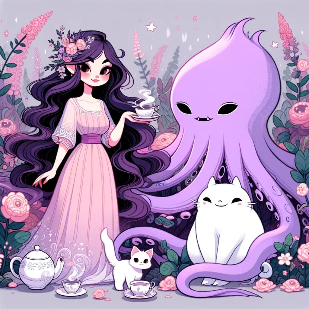 A whimsical digital illustration depicting a woman in a pink dress, a large purple octopus, and two white cats gathered for a tea party in a garden setting. The woman holds a steaming teacup, while a teapot and additional cups sit on the ground among pink flowers and foliage.