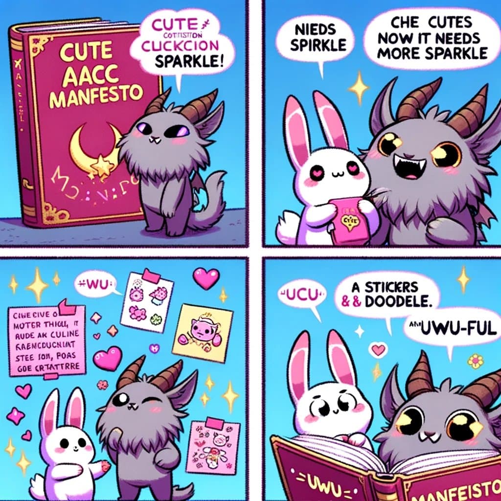 A four-panel comic featuring a purple goat-like creature and a white rabbit interacting with a book titled 'Cute AAC Manifesto' and various stickers. The characters speak in a stylized, phonetic language.