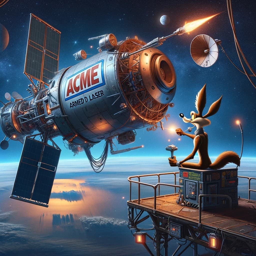 A digital illustration depicting a cartoon fox sitting on a space platform, holding a hammer and a small tool, while working on a large, cylindrical satellite labeled 'ACME'. The satellite, equipped with solar panels and a dish antenna, floats in space above a planet's atmosphere.