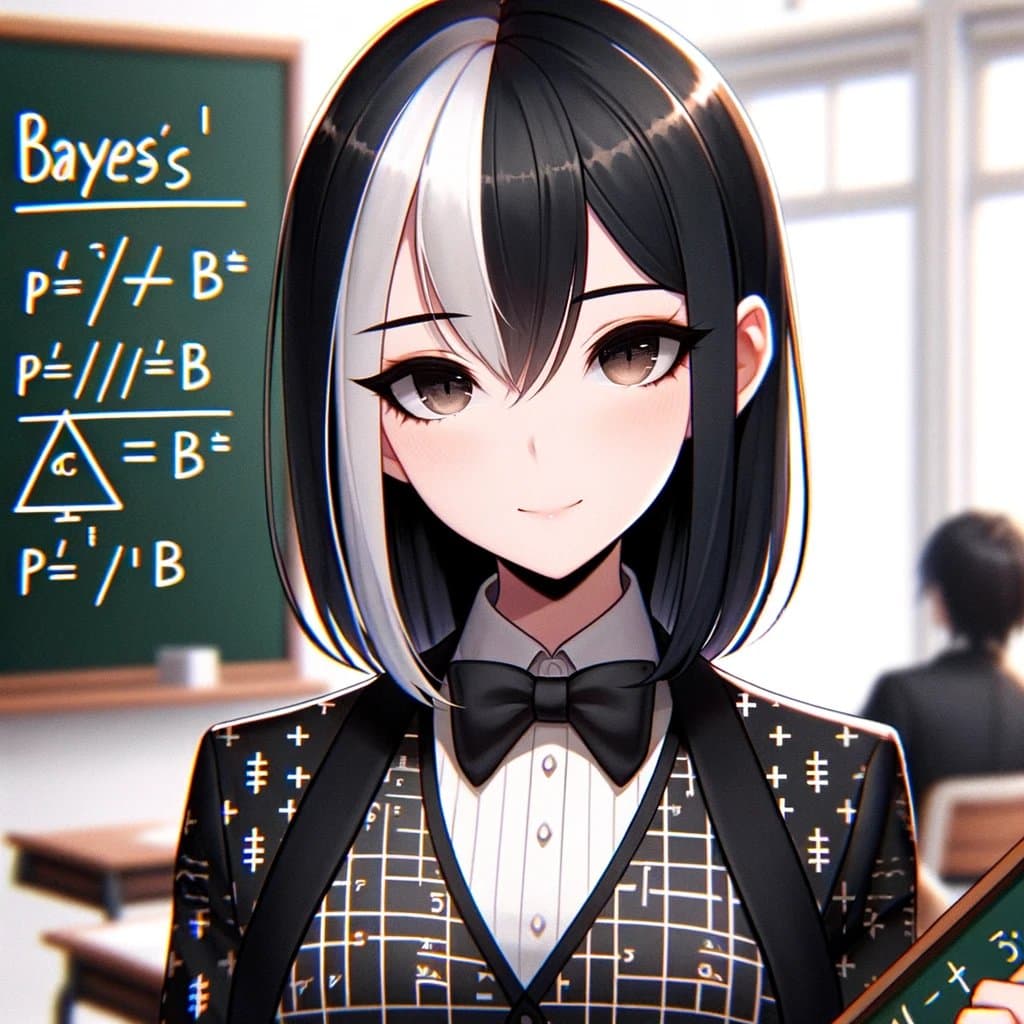 A digital illustration of an anime-style woman with black and white hair wearing a formal suit with a bow tie, standing in a classroom in front of a chalkboard. The chalkboard displays the title 'Bayes's' followed by a series of mathematical equations and symbols.