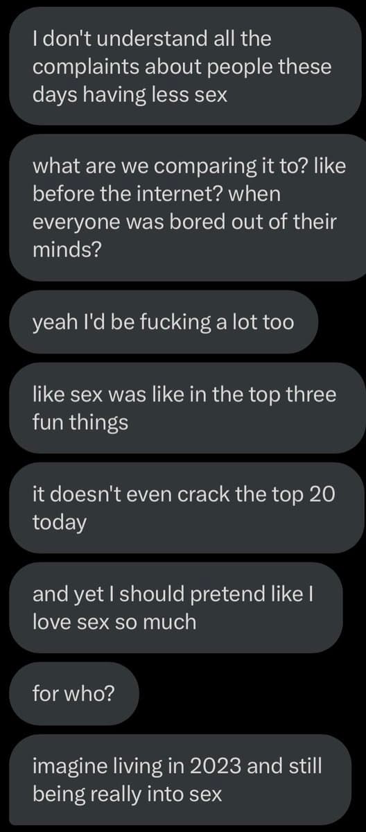 A screenshot of a text message conversation between two people discussing modern attitudes toward sex.