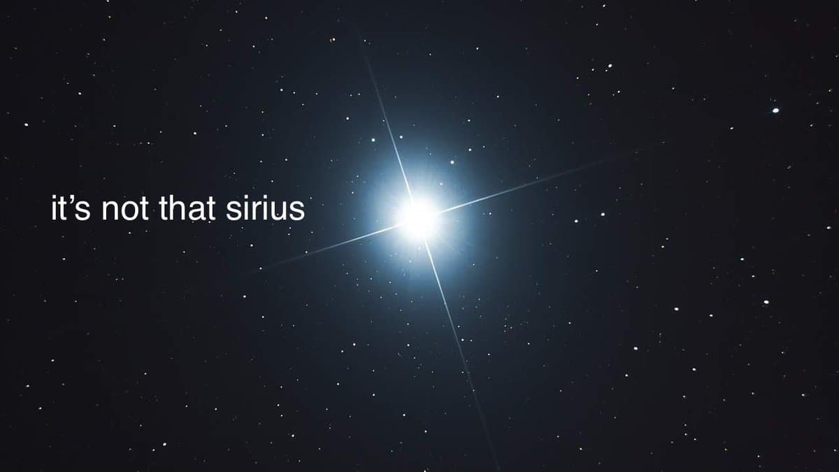 A photograph of a bright star with a cross-shaped diffraction spike against a dark, star-filled night sky. White text is overlaid on the left side of the image.