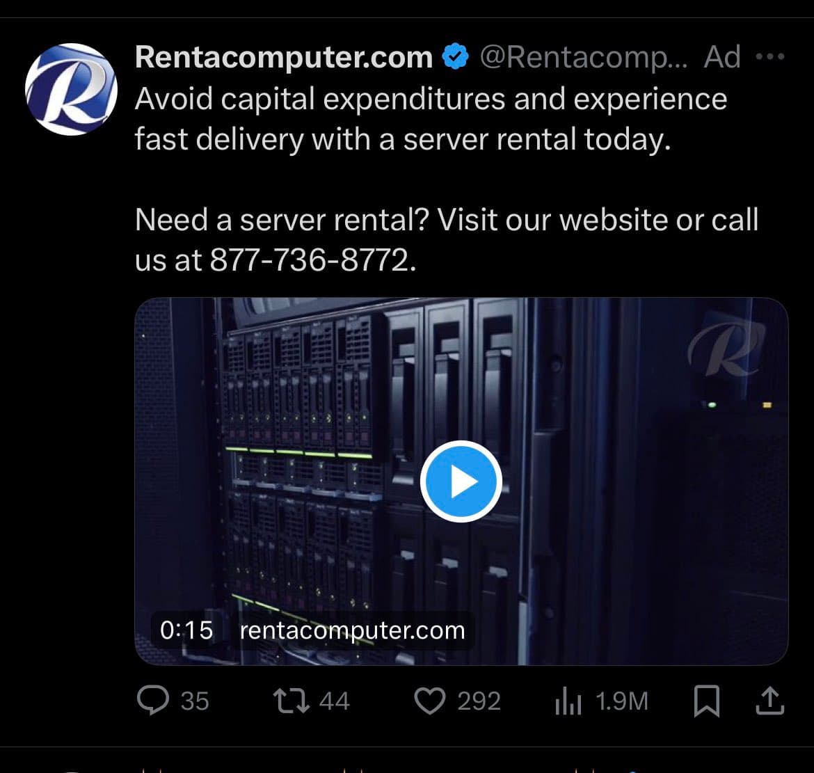 A screenshot of a Twitter ad from Rentacomputer.com promoting server rentals. The ad features a video thumbnail of a server rack with a play button, along with text encouraging users to visit their website or call a phone number.